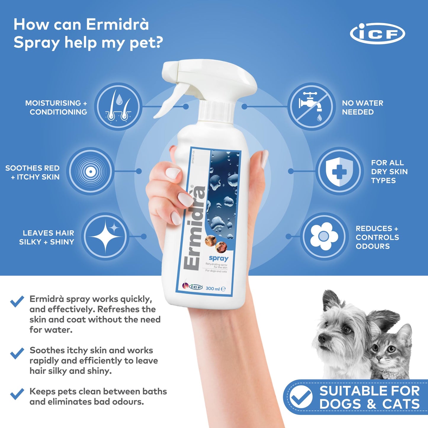 ICF Ermidrà® Spray Waterless Dry Shampoo Moisturising Wash for Dogs & Cats Itchy Dry Smelly or Allergy Prone Sensitive Skin 300 ml