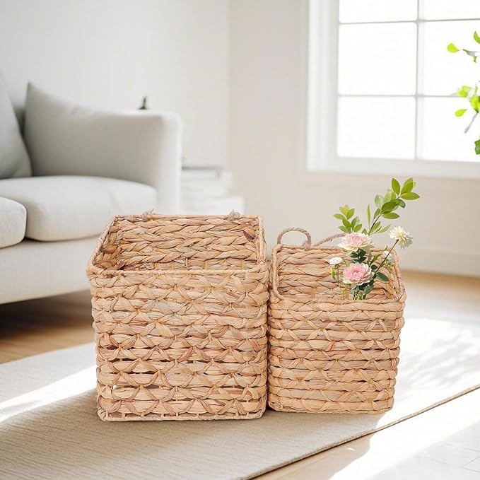2-Tier Wall Hanging Wicker Water Hyacinth storage baskets Set, Woven Rustic