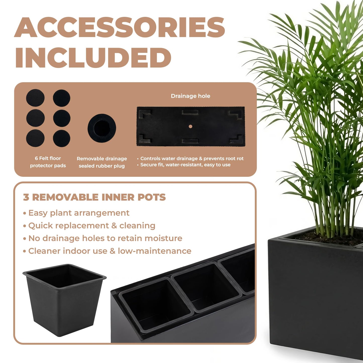 DEPLA LANE Trevano Fiberstone Rectangular Planter (26" L x 9.8" W x 15.7" H) Smooth Finish, Removable Inner Pots, Lightweight, Durable, UV Resistant, Minimalist Indoor Outdoor Plant Pot (M, Black)