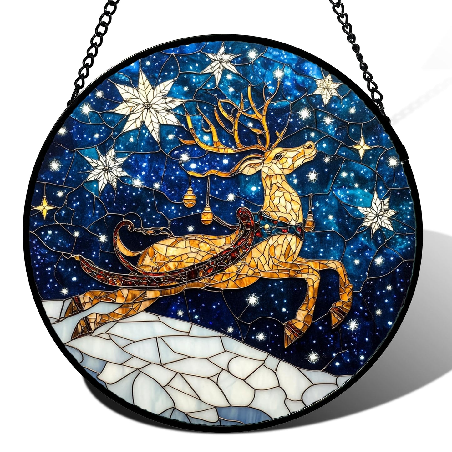 HWRHTR Stained Glass Window Hanging - Reindeer Blue Starry Sky Suncatcher for Doors Home Christmas Decoration Winter Sun Catcher Thanksgiving New Year Birthday Gifts for Women Men Mom Nana 6.3 in