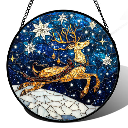 HWRHTR Stained Glass Window Hanging - Reindeer Blue Starry Sky Suncatcher for Doors Home Christmas Decoration Winter Sun Catcher Thanksgiving New Year Birthday Gifts for Women Men Mom Nana 6.3 in