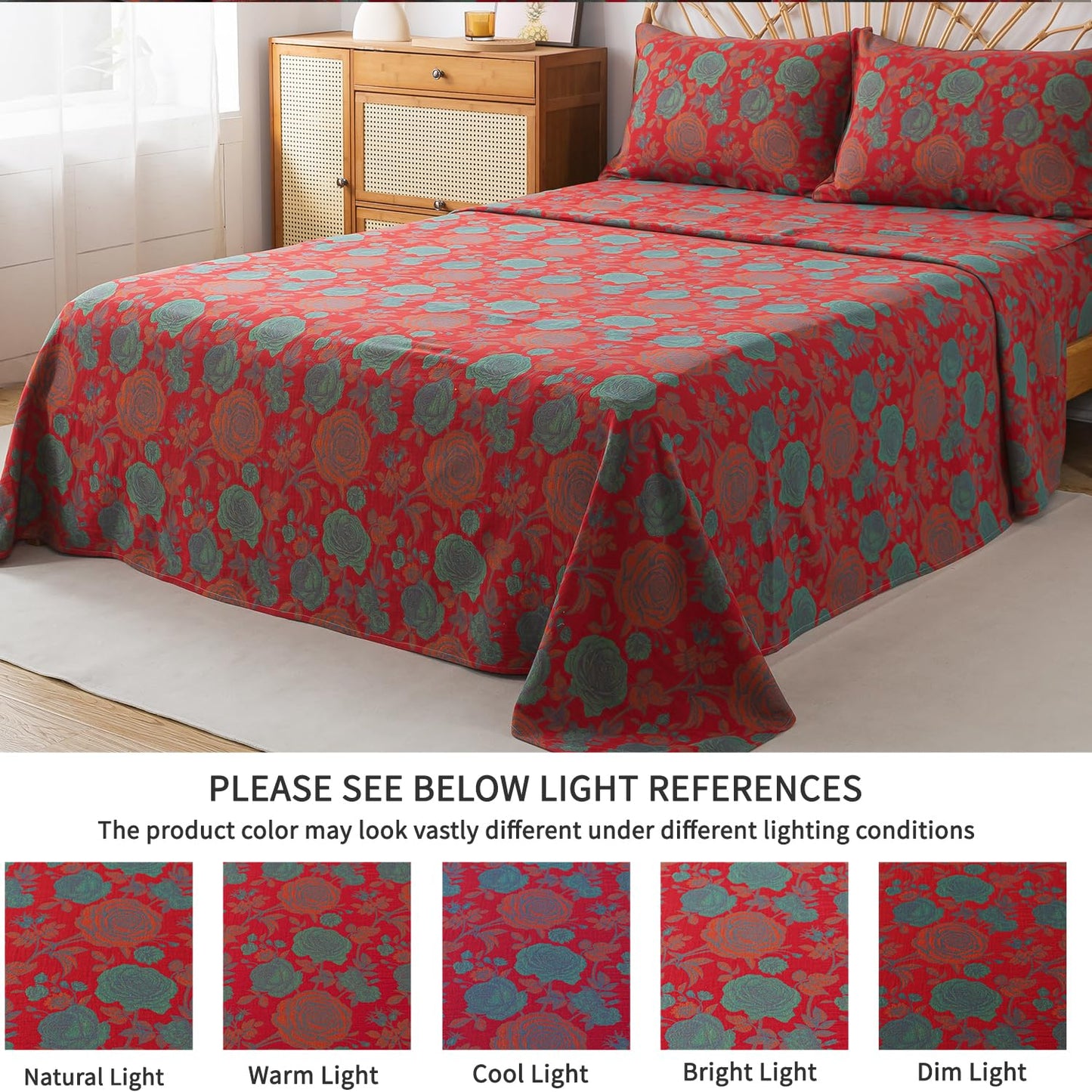 FADFAY Double Gauze 100% Cotton Queen Sheets Set Floral Bed Sheets Deep Pocket Fitted Sheet, Luxury Rose Pattern Shabby Vintage Countryside Style Bedding 4Pcs