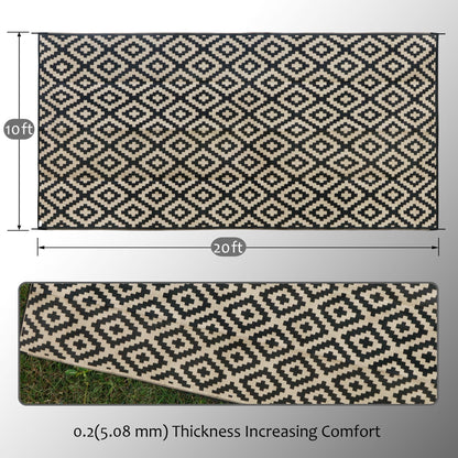 SAND MINE Waterproof Outdoor Rug 10x20 ft, Plastic Reversible Rug, Modern Area Rug, Large Floor Mat for Outdoors, RV, Patio, Backyard, Deck, Picnic, Beach, Camping, Black & Beige