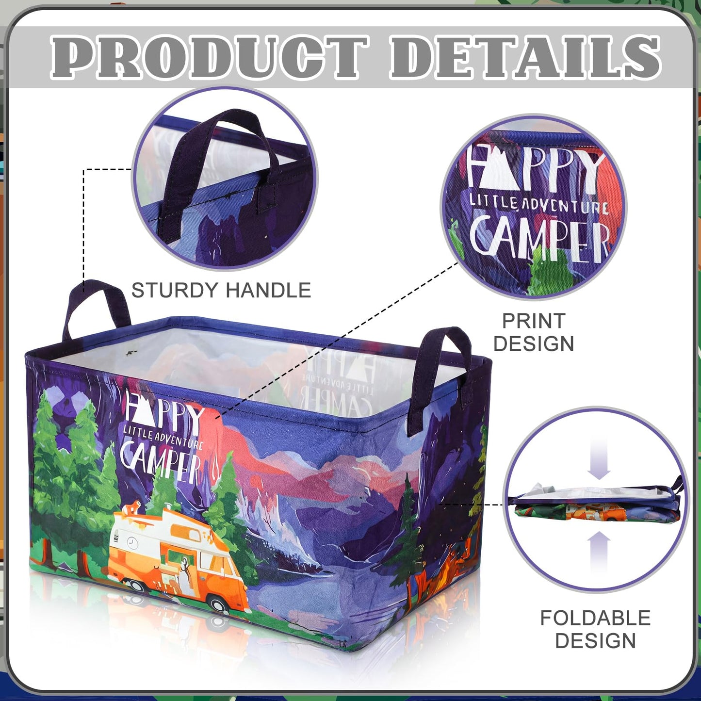 Breling 4 Pcs Camping Storage Baskets with Handles Black Night Camping Laundry Hamper Large Collapsible Bonfire Woodland Theme Baskets Storage Bins Boxes for Outdoor Lake Camp, 15 x 10 x 8 Inch