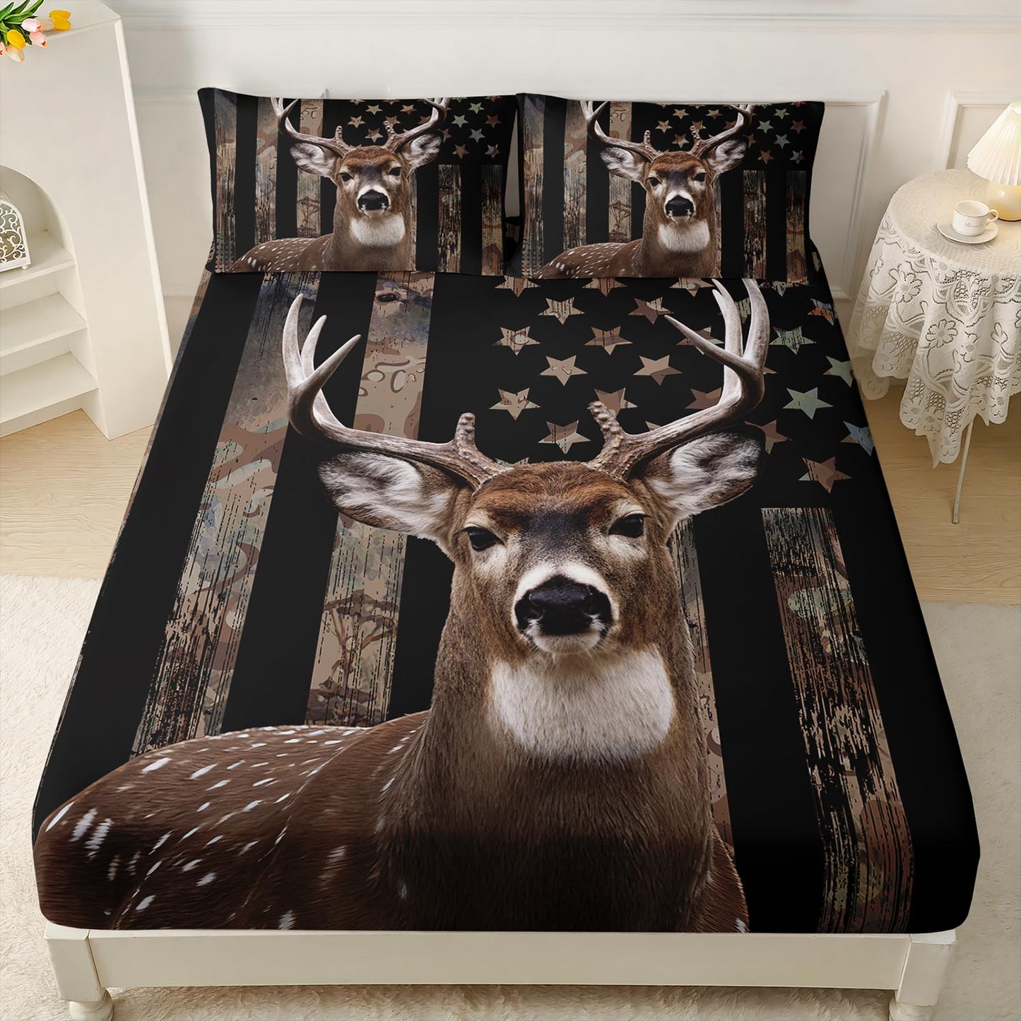 HOSIMA Deer Hunting Camo Bedding,Hunter Bedding Set American Flag Fitted Sheet Set Twin Size for Adult Teen Boy Bedroom Decor,1 Fitted Sheet+2 Pillowcases.