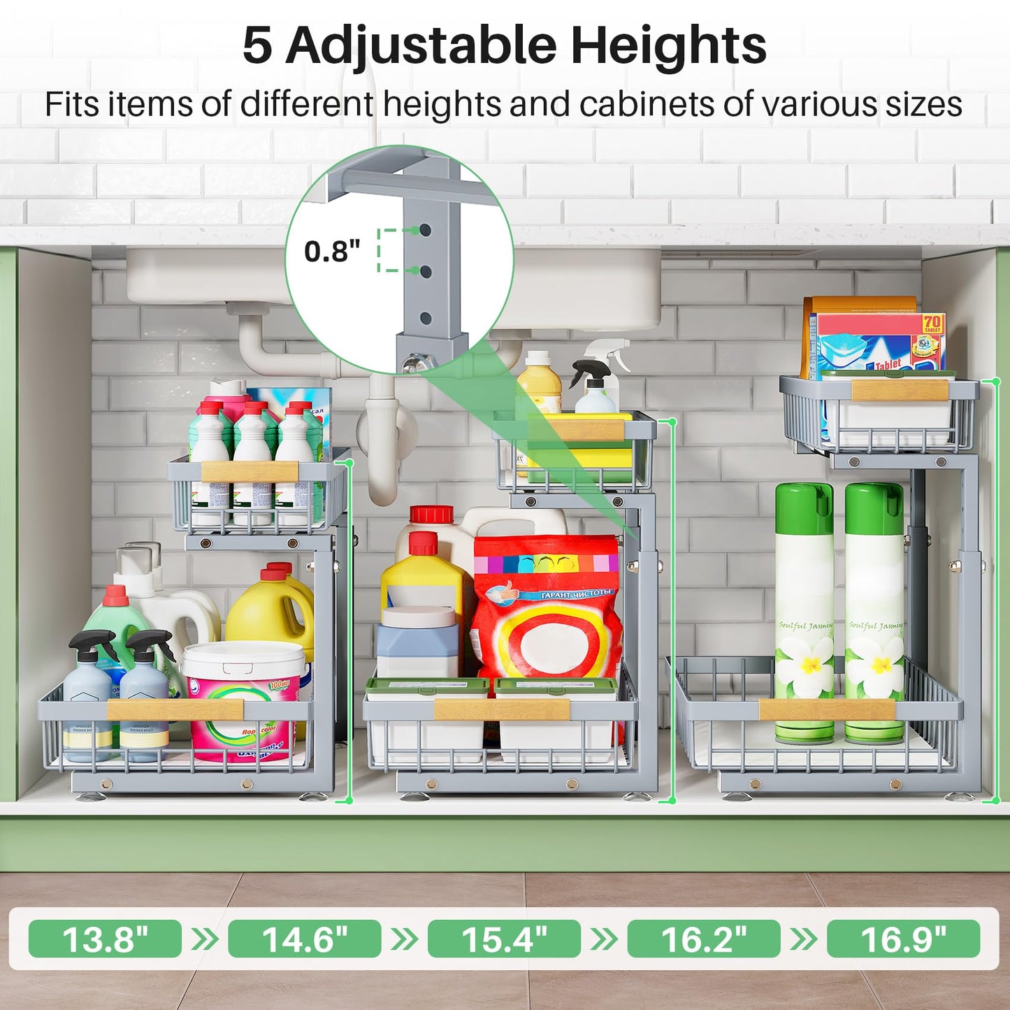 Under Sink Organizer, 2 Packs 2 Tier Under Sink Organizers and Storage, Slide out Pull out Cabinet Organizer Shelf, Metal Sliding Drawer for Kitchen Bathroom Pantry Cabinet Closet Organization Rack