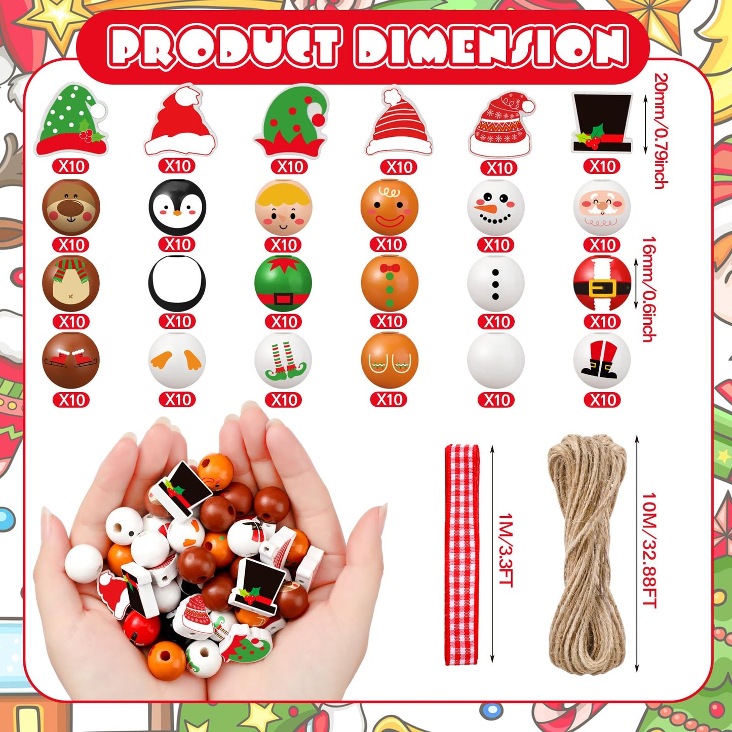 Cinnvoice 240 Pcs Summer Christmas in July Wood Beads with Twine Snowman Gingerbread Man Nutcracker Wooden Bead Garland DIY Crafts Round Beads for Xmas Party Decor (Classic Christmas)