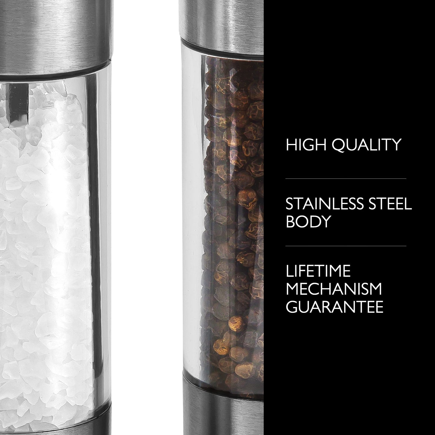 Cole & Mason Everyday Salt & Pepper Mill Gift Set - Filled Salt & Pepper Grinders - Refillable & Adjustable Mill Set - Acrylic & Stainless Steel Salt & Pepper Grinders - Hand Wash - Stainless Steel