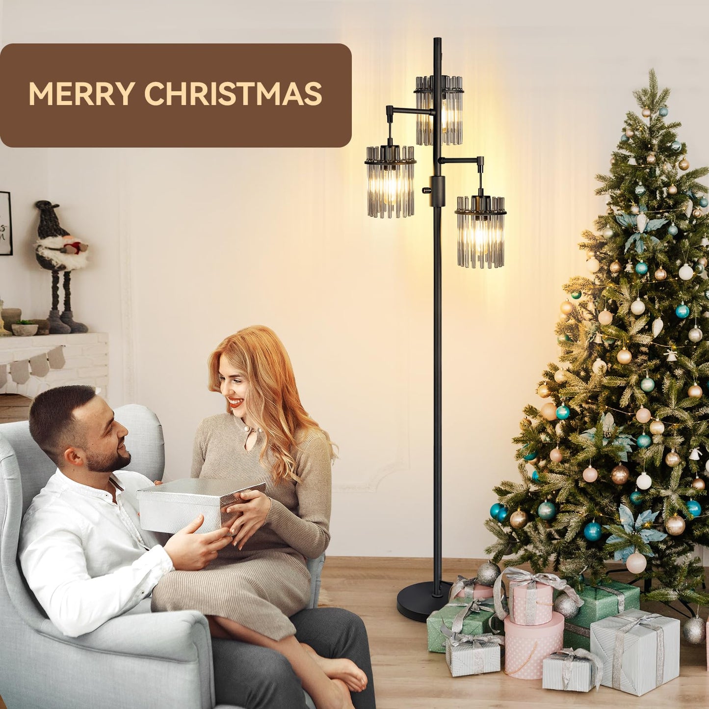 Dimmable Black Crystal Standing Farmhouse Tree Floor Lamp for Living Room