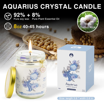 ZINCGE Aquarius Zodiac Crystal Candle Gift for Women - Astrology Birthday Natural Soy Violets Scented Candle With Flowers and Lazurite Healing Crystals for Mom, Sister, Friends