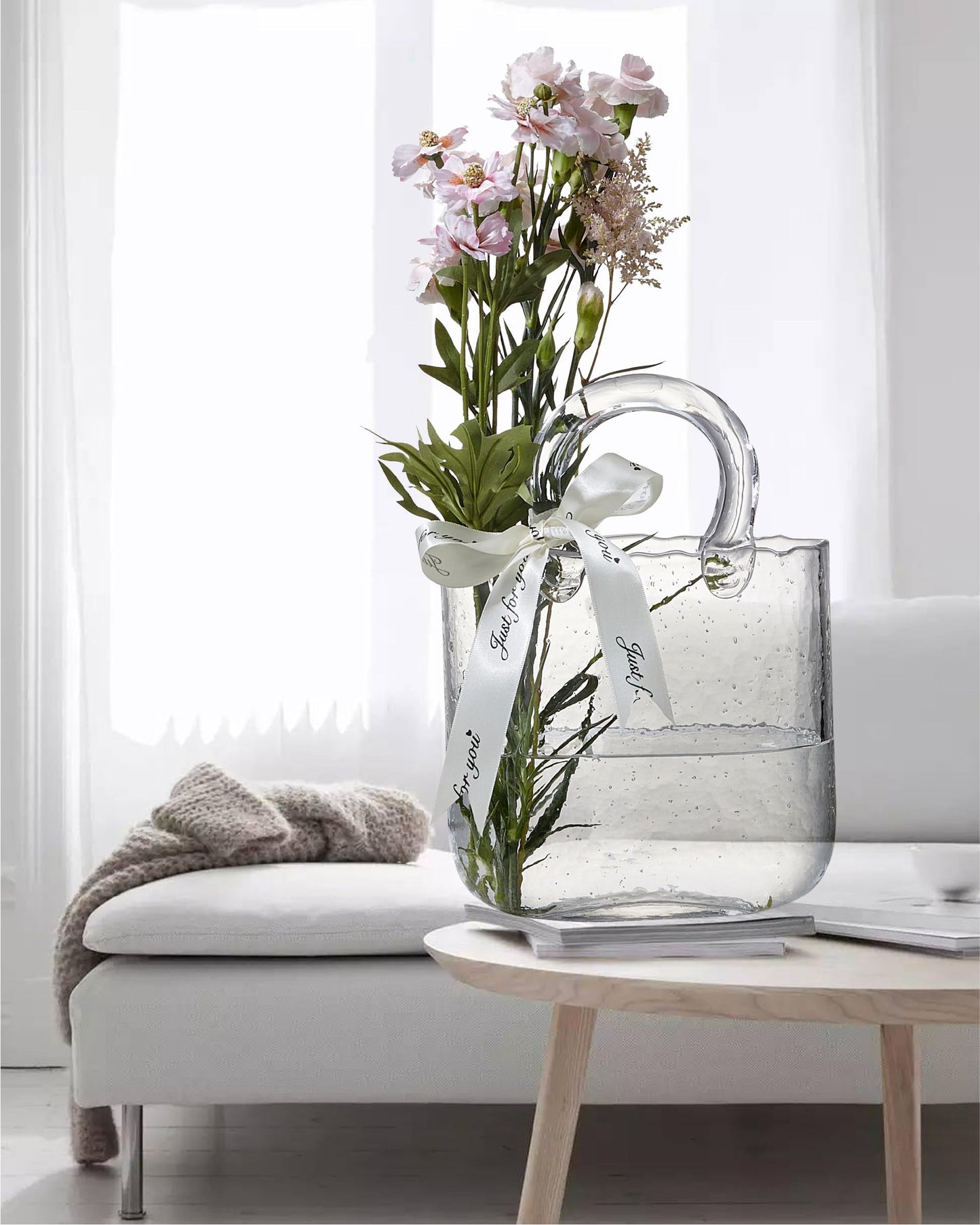 Lei-JG Thickened Glass Purse Vase for Flowers Gift Set-(Handmade 5mm Crystal-Unique Cute Clear Bag Vase with Reinforced Gift Box, Premium Table Centerpiece for Wedding/Mothers Day (Transparent