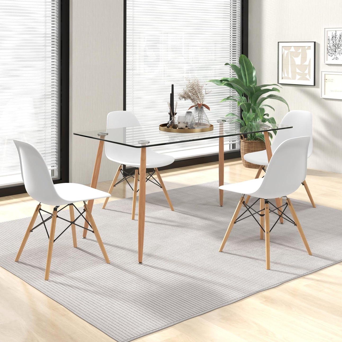Giantex Dining Table Set for 4, Rectangular Glass Dining Table & 4 White DSW Chairs, 5-Piece Modern Dinette Set for Breakfast Nook, Dining Room, Kitchen, Living Room, White