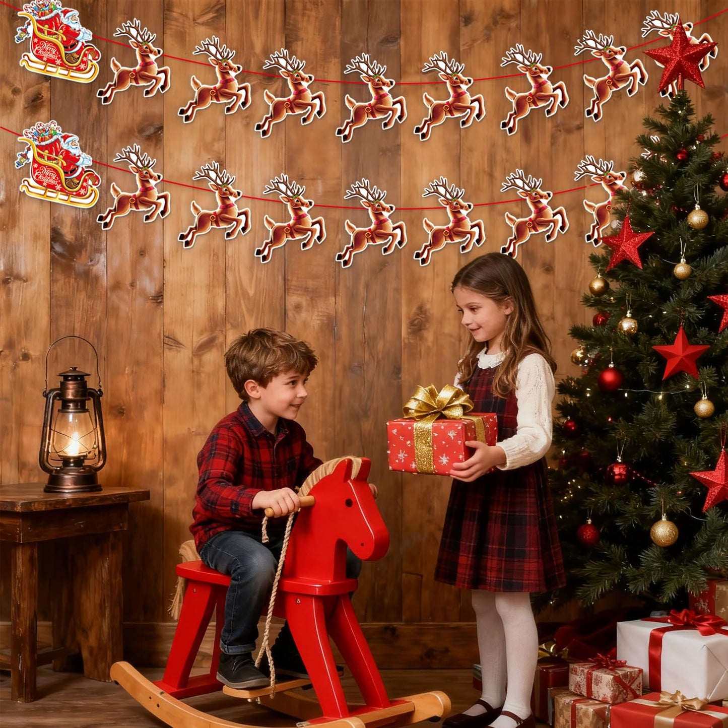 Christmas Banner,2 Set Pre-Strung Santa and Reindeer Bunting Garlands for Merry Christmas Party Decorations,Inside,Home, Office,Fireplace,Wall,Window Hanging Decoration,Xmas Holiday Decor Supplies