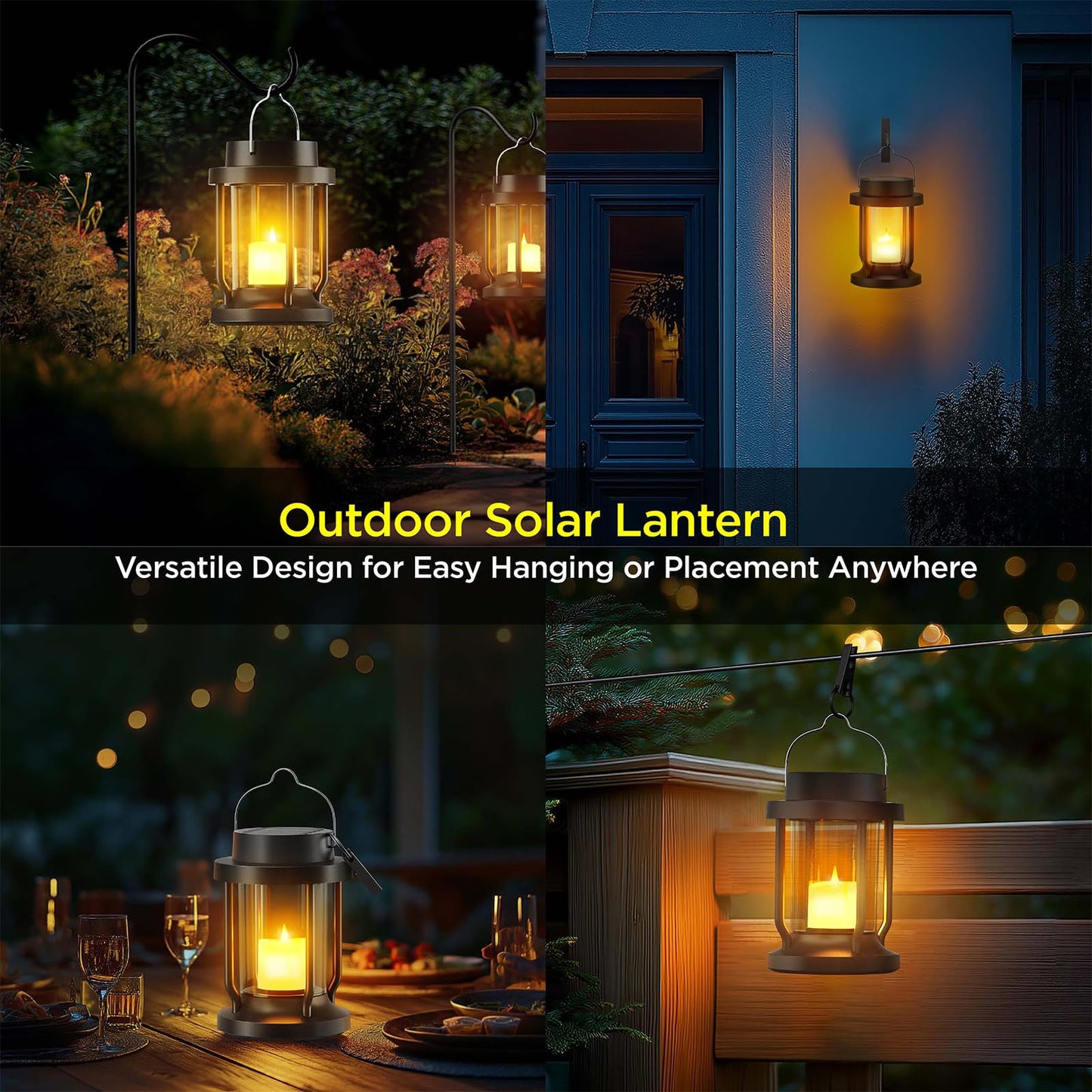Solar Lantern Outdoor Indoor Use – Hanging Solar Lights with Realistic Flickering Flameless Candle, Weatherproof for Garden Decor, Patios, Trees, and Lawns (Black, 2 Pack)