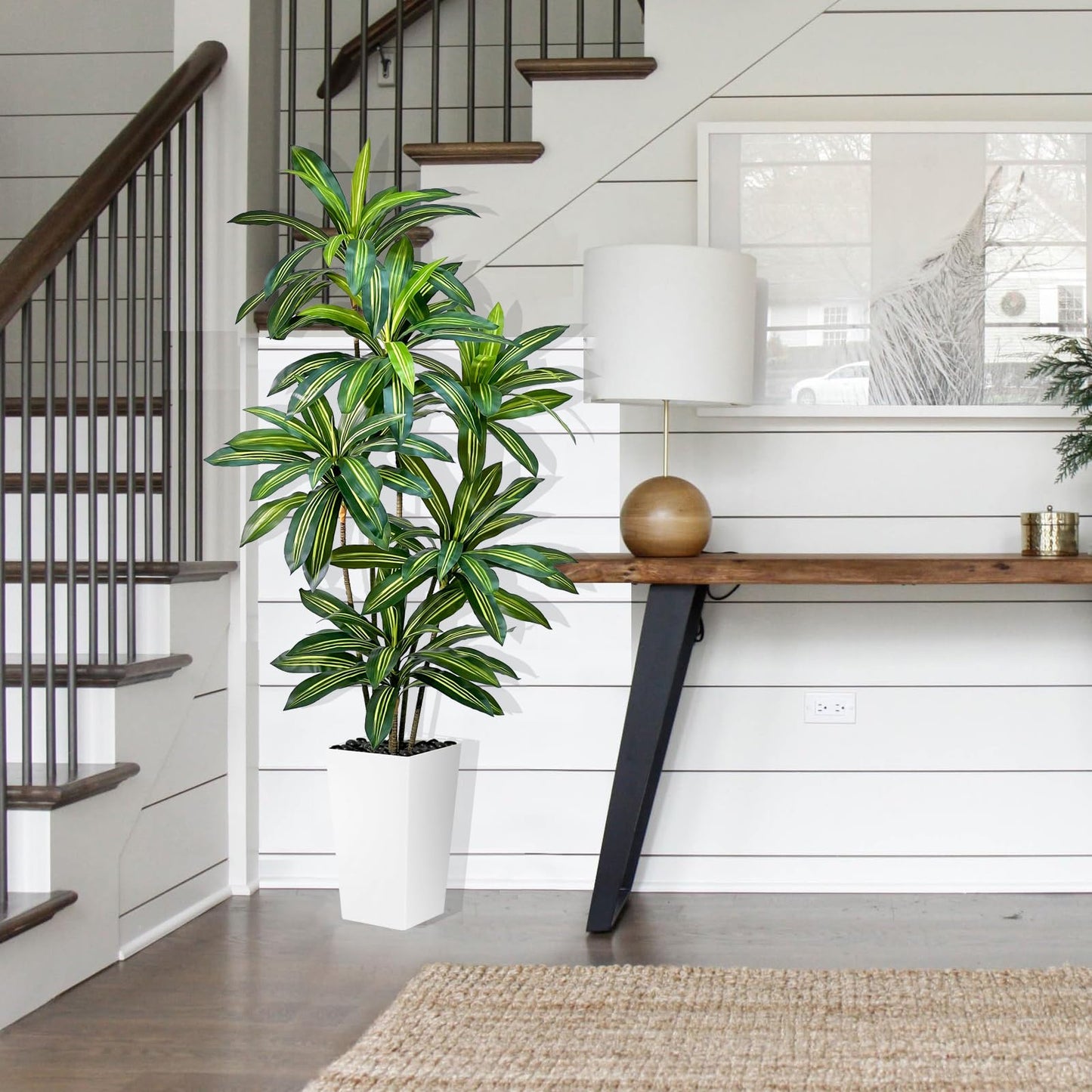 Artificial Dracaena Tree 5FT Tall Fake Plant with White Planter - Realistic Faux Dragon Tree with Tall Planter - Indoor Floor Plant for Home, Office,Mall, Living Room, Bedroom Decor
