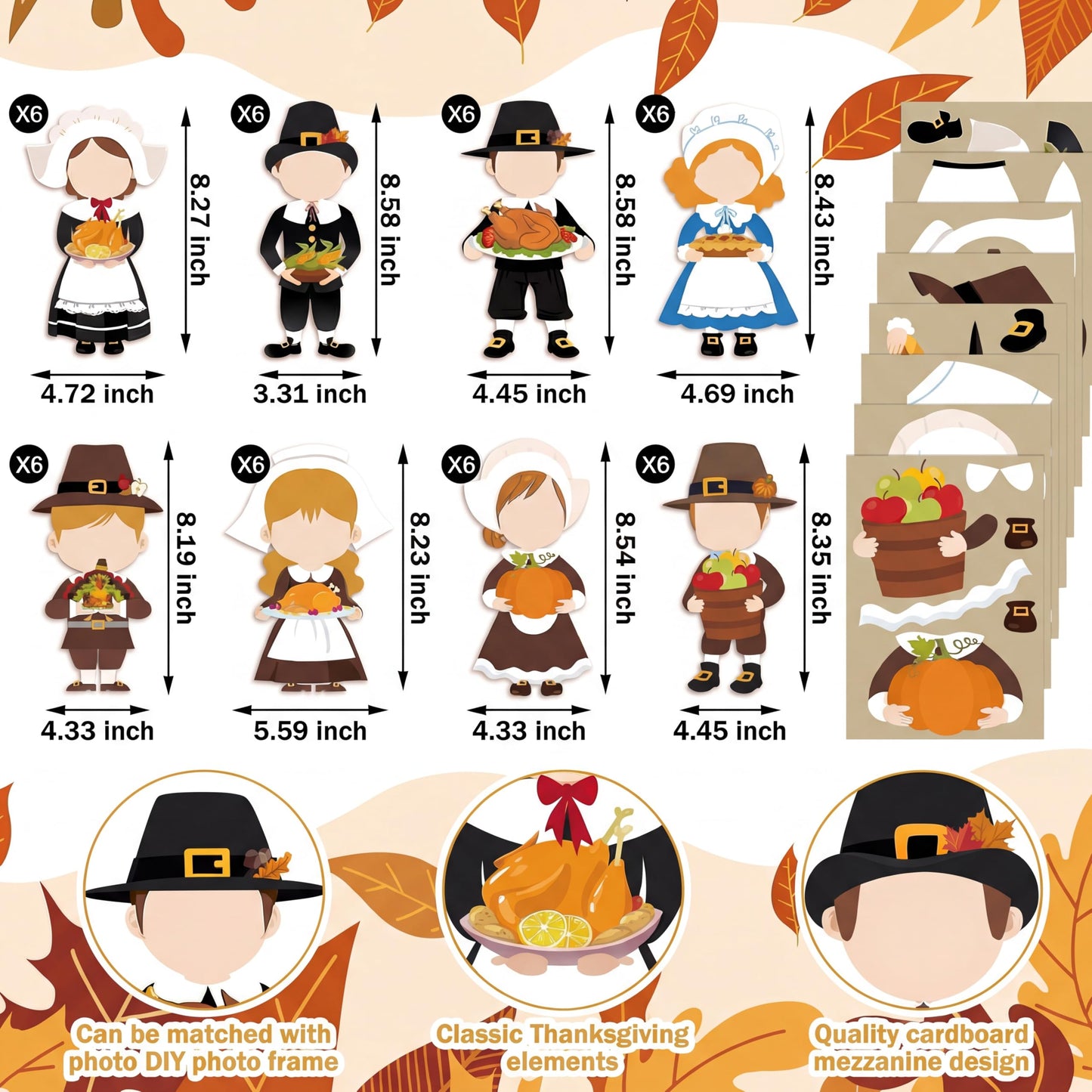 Qunclay 48 Sets Thanksgiving Pilgrim and Picture Frame Crafts Thanksgiving DIY Picture Frame Craft Kits Make Your Own Photo Kit Ornaments for Gift Supplies Home Activities Decor