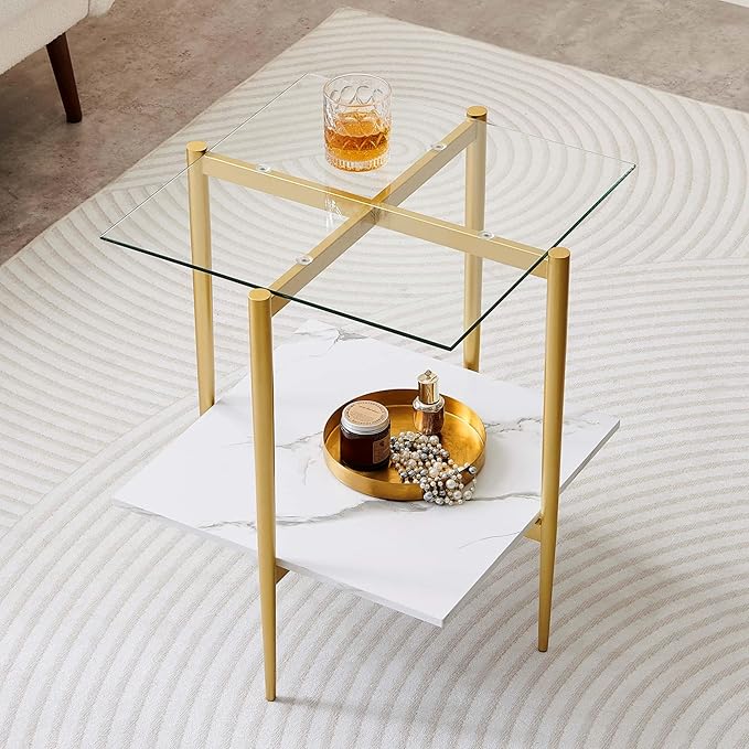 LumFurn Square Glass End Table, Mid-Century Modern Design Sofa Table,