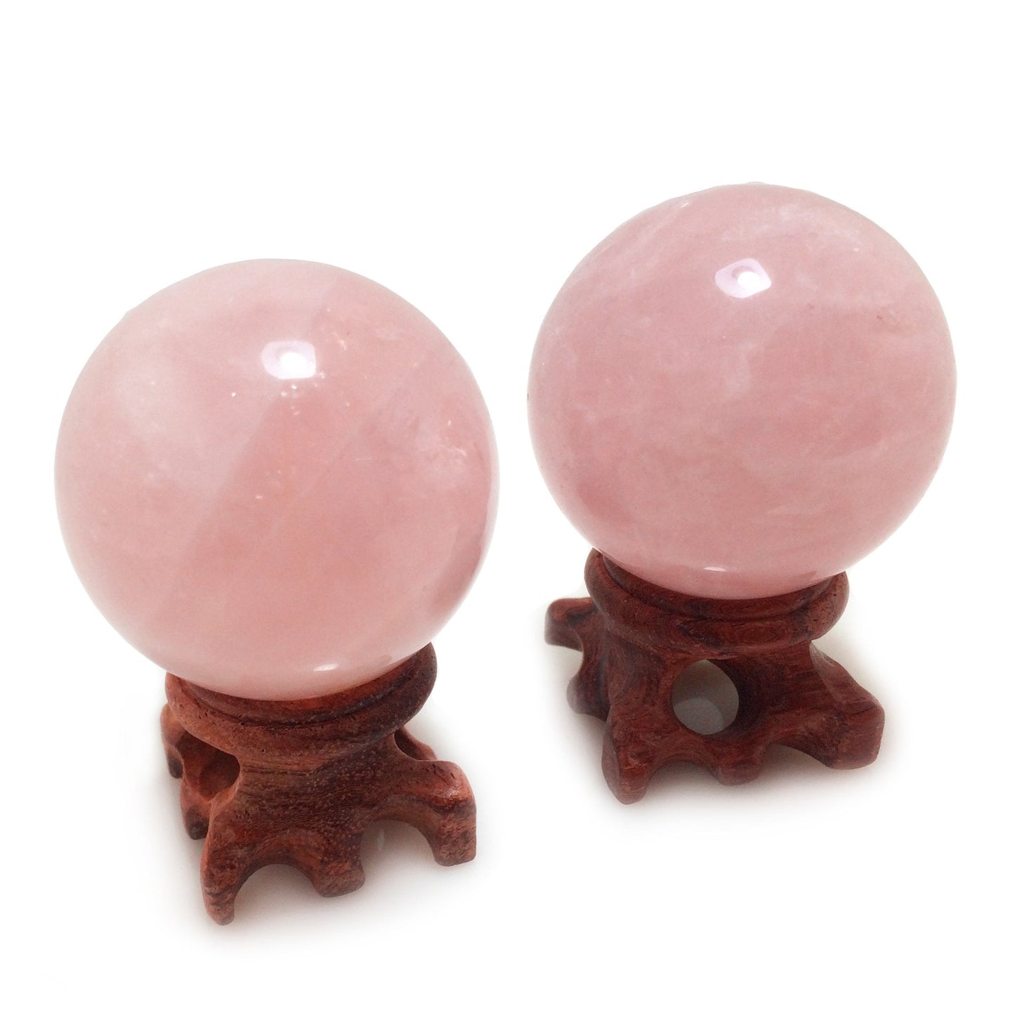 Polar Jade Set of 2 Natural Rose Quartz Crystal Spheres with Wooden Stands, Hand-Polished 45 mm (1.8”) Display Balls for Meditation, Feng Shui & Mindful Décor