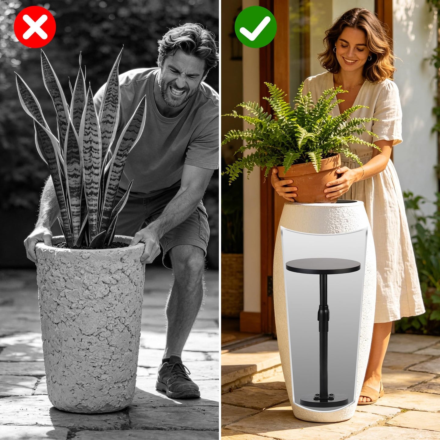 Plant Stand, Plant Risers for Inside Pots, Adjustable 12-21" with 3 Interchangeable Bases 6" 8" 10" - Metal Lifter for Tall Square Round Tapered Pots, Pot Filler Insert for Indoor Outdoor Garden, 2 PCS