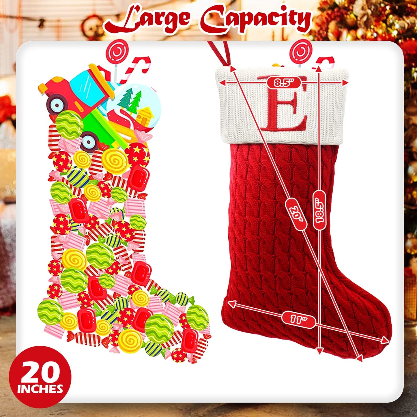 ZOEA 20 Inches Christmas Stockings with Initials, Large Embroidered Letter Knit Christmas Stocking for Family Holiday Decorations and Xmas Gift (E, Red)