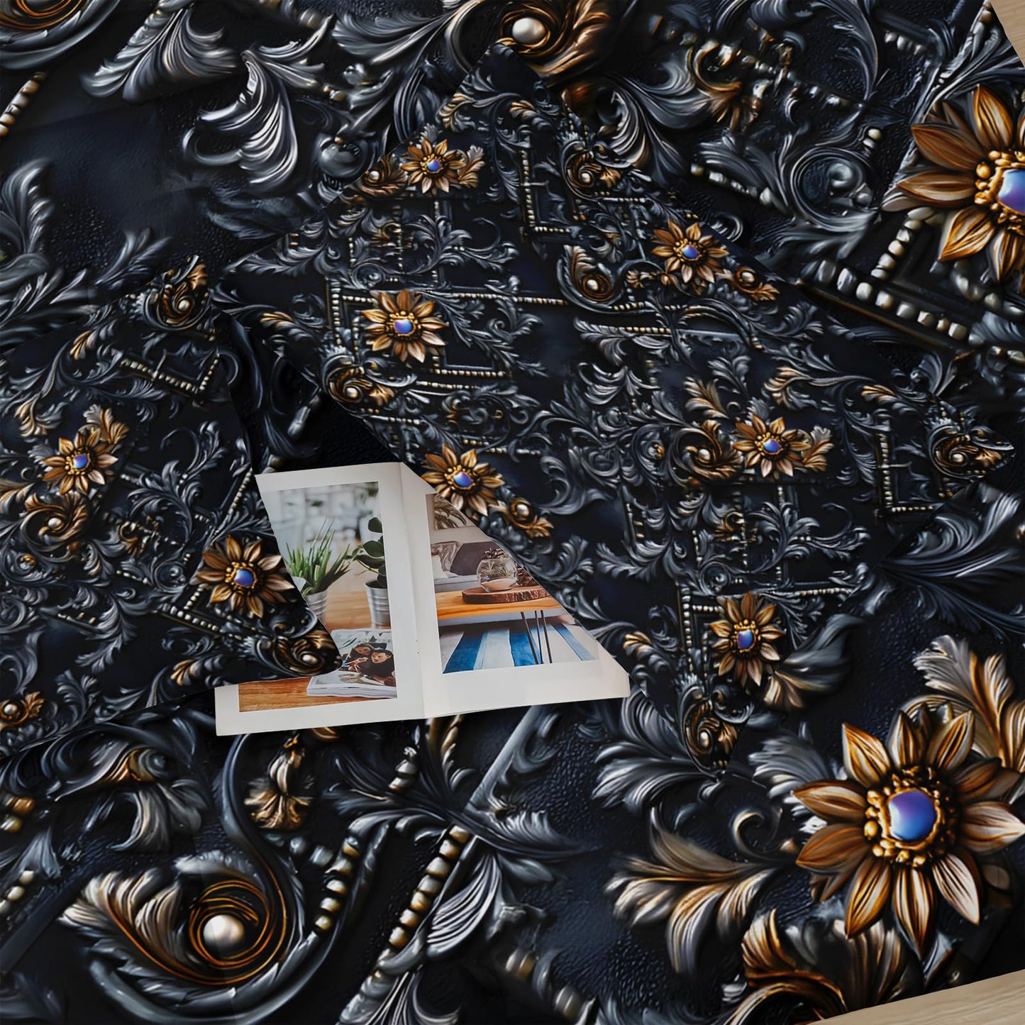 lneffble Black and Gold Floral Comforter Full Set，Victorian Gothic Bedding Set Full，with 1 Comforter with 2 Pillow Case，Floral Bedroom Decor Black