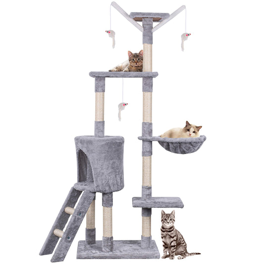 Cat Tree, 145cm Cat Scratching Post Multi-Level Stable Climbing Tower with Ladder, Indoor Pet Activity Furniture Play House for Kitty Kitten