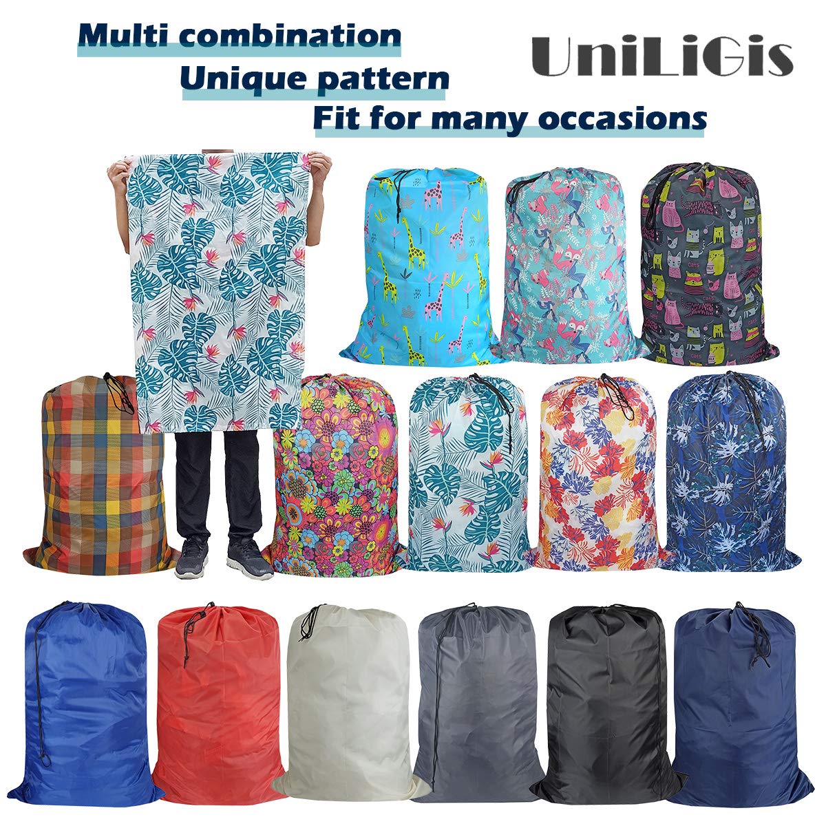 UniLiGis Washable Travel Laundry Bag with Drawstring, Large Dirty Clothes Bag Fit a Laundry Basket or Clothes Hamper, Enough to Hold 4 Loads of Laundry,26x39 inches (RoyalBlue Black Grey)