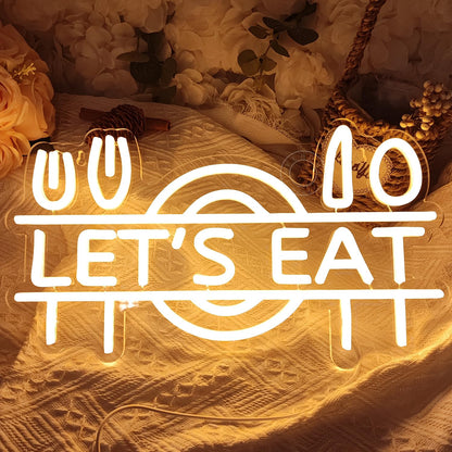 SYLHOME Let's Eat Led Neon Light Sign Fork Knife Spoon Plate Dish Food Restautant Kitchen Luncheonette Hotel Canteen Cooking Dining Room Bistro Party Wall Sign Decor USB 15.8"X8.5"
