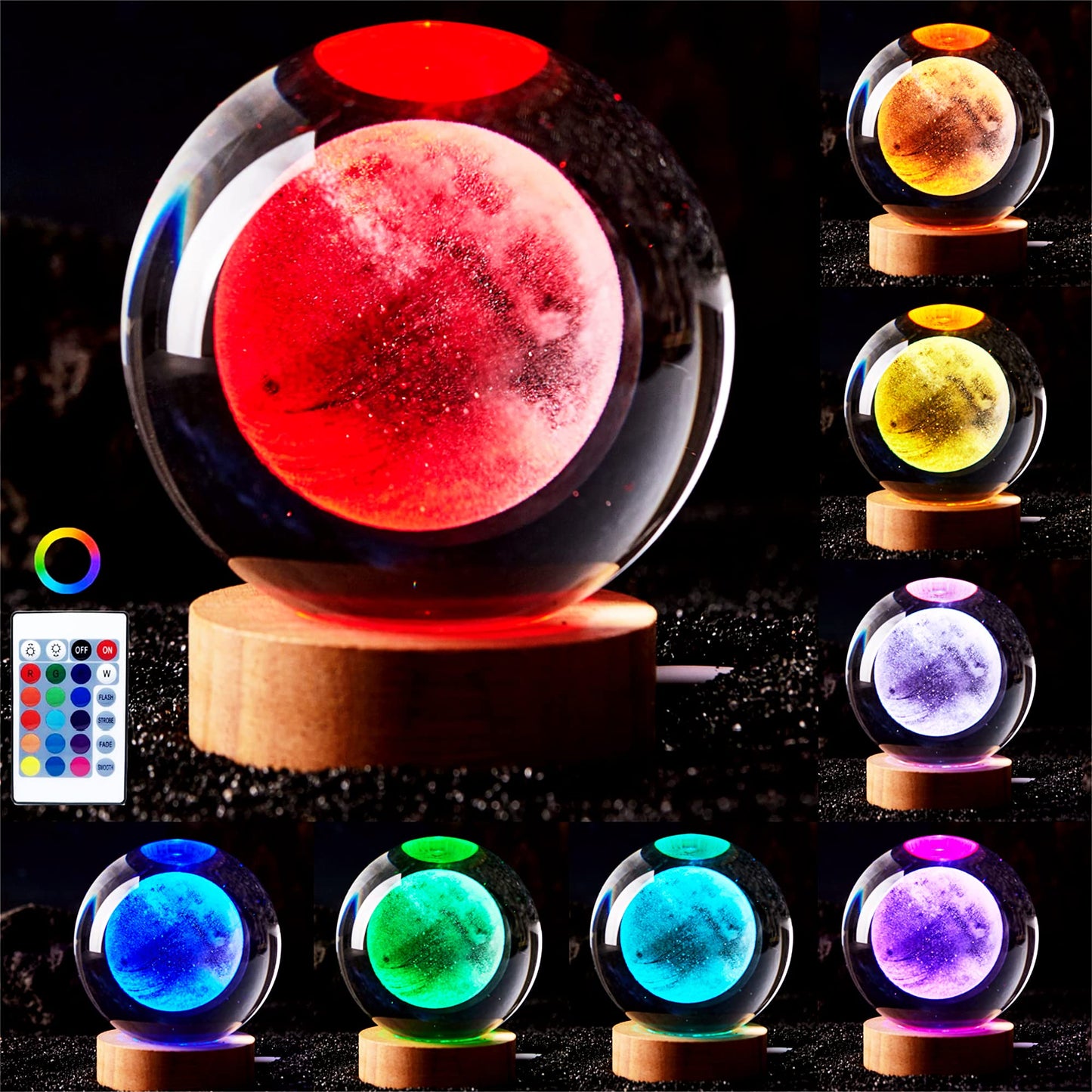 3D Moon Crystal Ball Lamp,3.15 inch Crystal Ball Night Light with Wooden Base,16 Colors Changing Light,Dimmable Remote Control,Desk lamp (F)