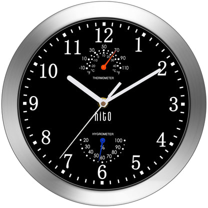 HITO 10 Inch Silent Wall Clock Battery Operated Non Ticking Glass Cover Silver Aluminum Frame, for Kitchen, Bedroom, Home Office, Living Room Decor (Black)