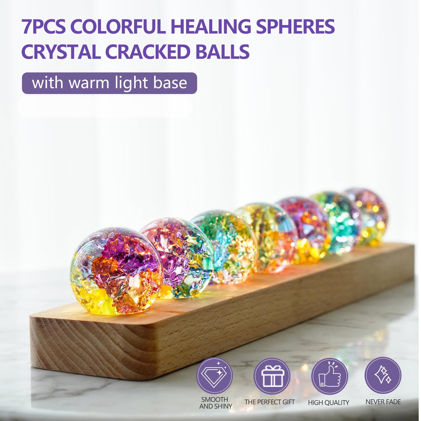LOULIQIGIFT Set of 7 Crystal Balls Night Light Decor Healing Spheres with LED Wooden Stand for Meditation Energy Balancing Home Office Mother's Day Decoration Gifts for Women