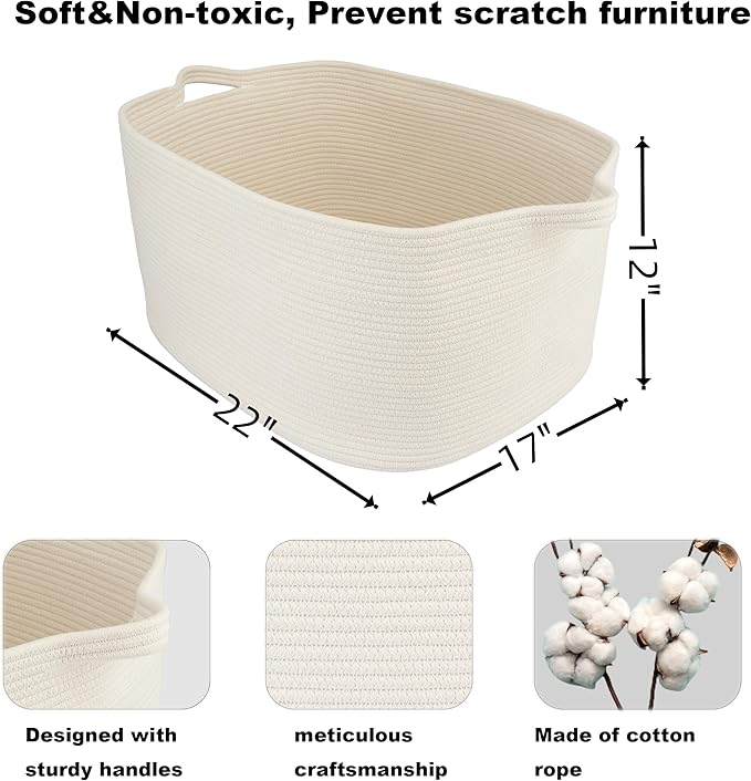 Large Rectangle Blankets Basket Living Room 22"x17"x12" Woven Cotton Rope