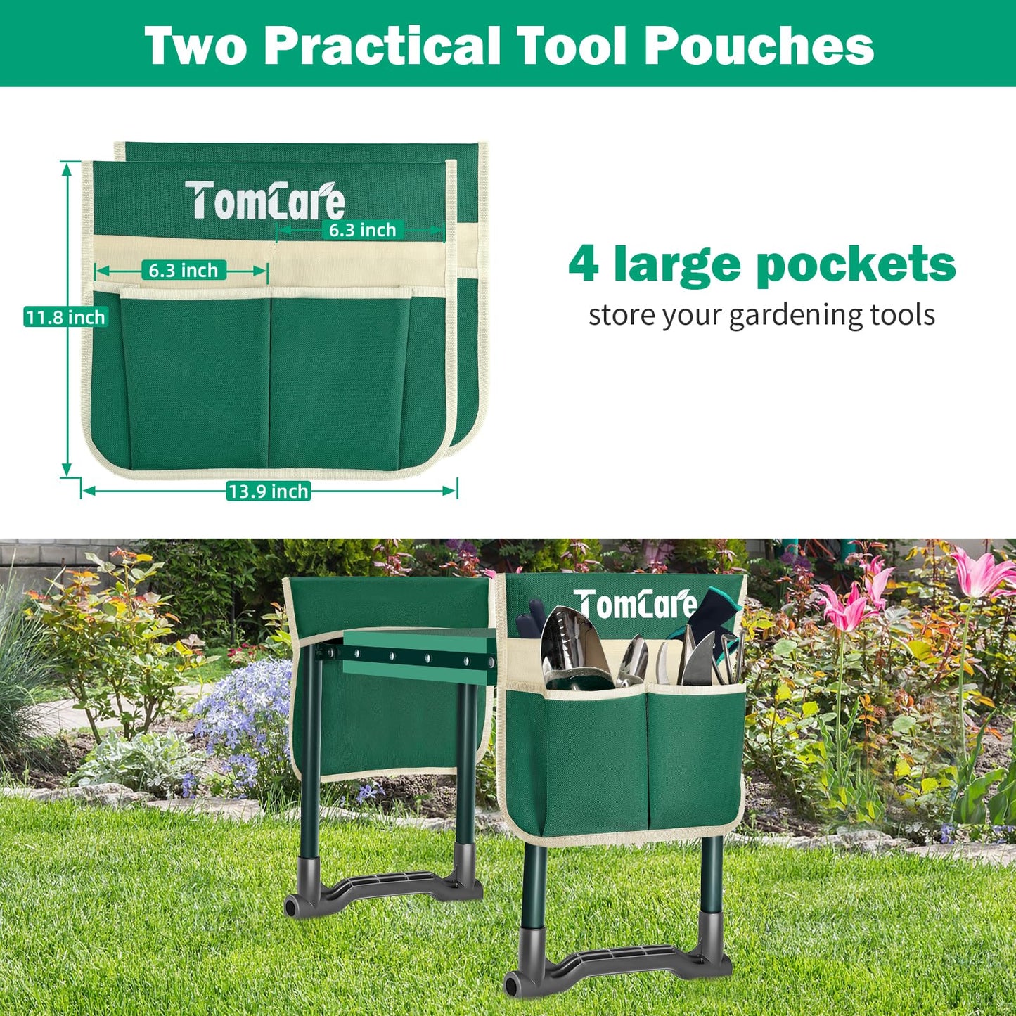 TomCare Garden Kneeler and Seat 10.24” Wide Kneeling Pad Garden Bench with 2 Tool Pouches Heavy Duty Stable Gardening Stool Tools Foldable Gardening Gifts for Women Men Seniors Gardeners, Green