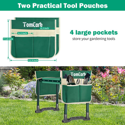 TomCare Garden Kneeler and Seat 10.24” Wide Kneeling Pad Garden Bench with 2 Tool Pouches Heavy Duty Stable Gardening Stool Tools Foldable Gardening Gifts for Women Men Seniors Gardeners, Green