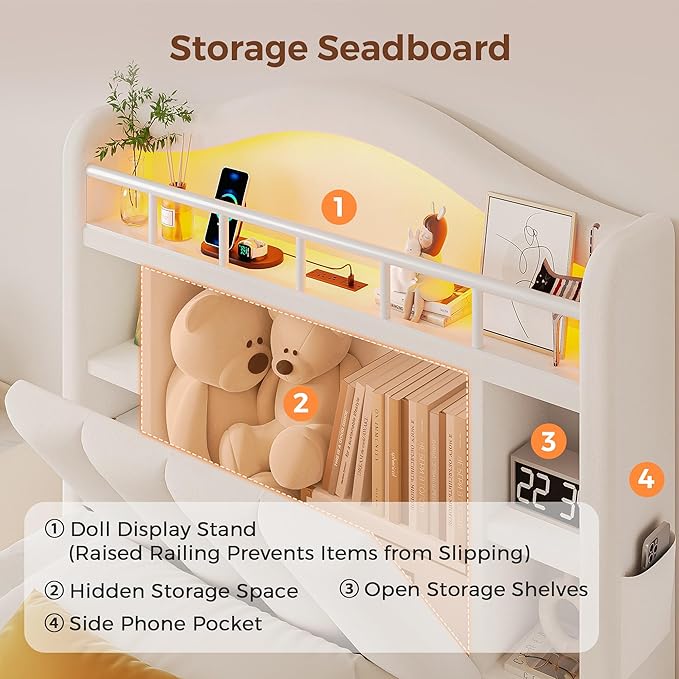 Twin Size Bed Frame with LED Storage Headboard & 2 Storage Drawers, Velvet
