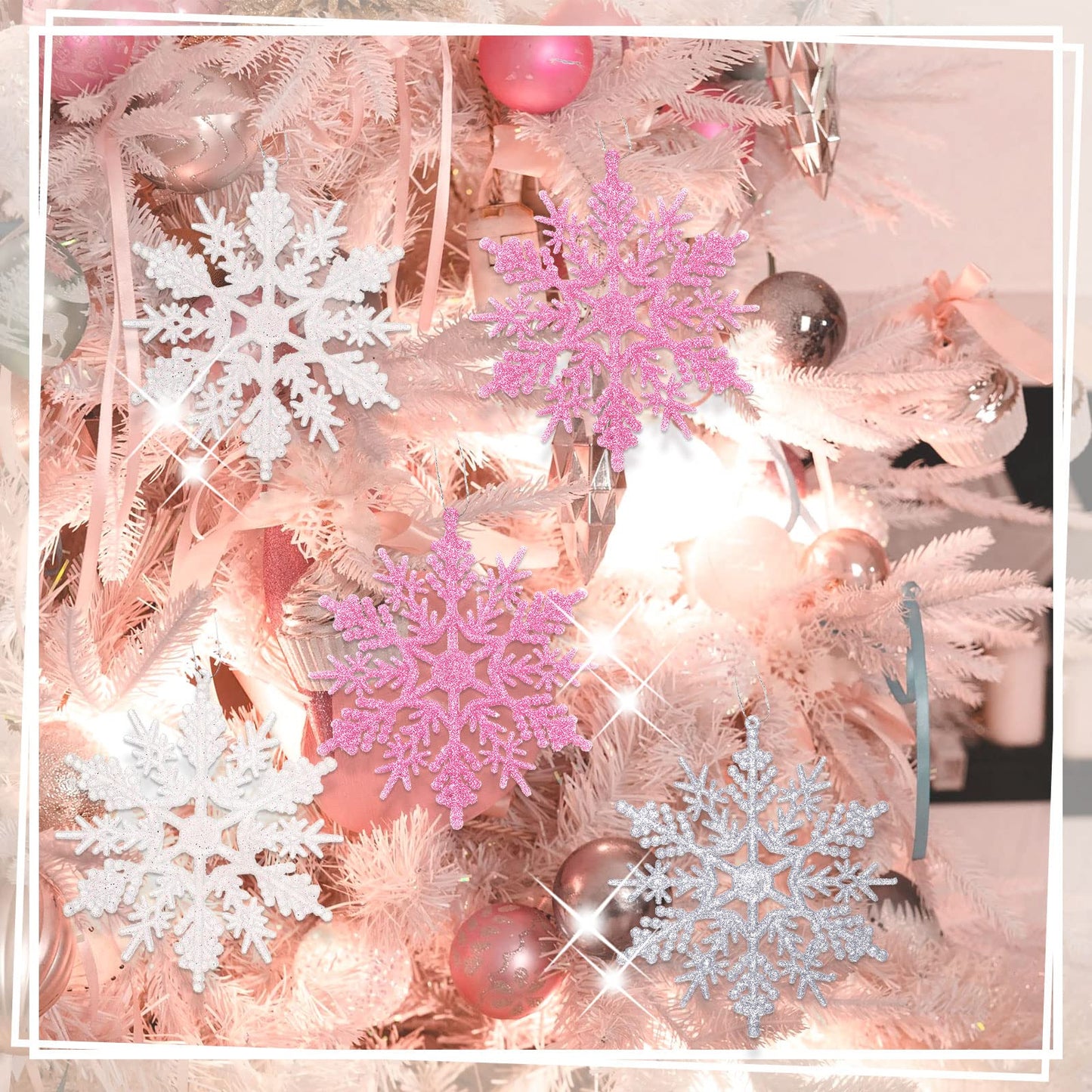 Sumind 36 Pieces Winter Plastic Glitter Snowflake Ornaments 4.92 Inch Pink, Silver, White, Snowflake Large Holiday Tree Decorations with 36 Pieces Ropes for Christmas Tree Wedding