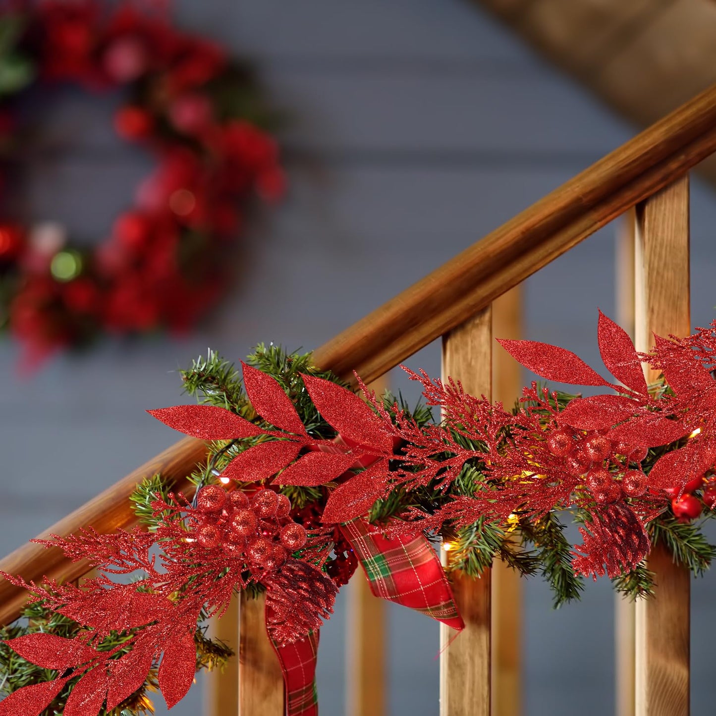 Winlyn 24 Pcs Christmas Artificial Leaf Sprays Pine Needles Pinecone Berries Stems Red Glittered Christmas Decoration Picks 12.2"- 14.2" Tall for Red Christmas Tree Wreaths Seasonal Floral Arrangement