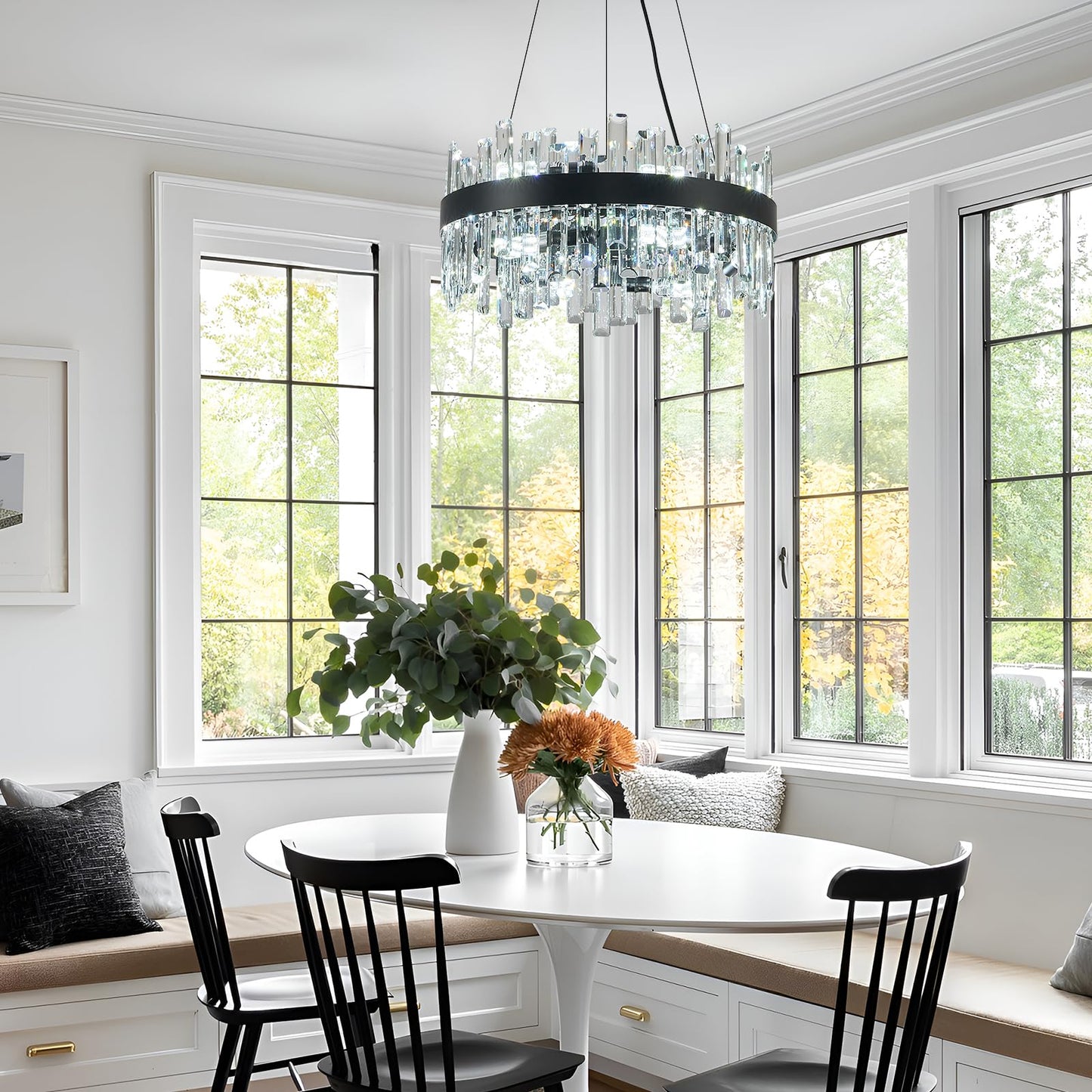 chandiry Round Crystal Chandeliers, D19.7 inch 12-Light Black Chandelier Lighting Fixture, Height Adjustable Pendant Ceiling Light for Living Room Dining Room Bedroom