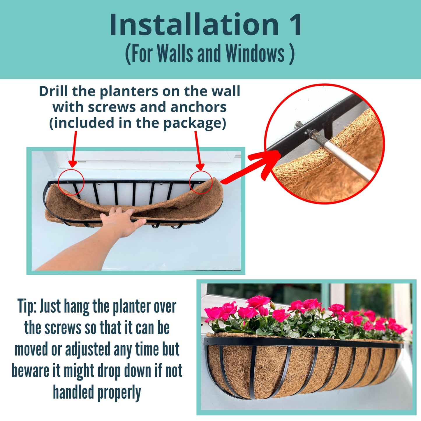 LaLaGreen Deck Railing Planter Boxes for Plants (24 Inch, 6 Pack) Metal Wall Planters for Outdoor Plants, Black Window Flower Boxes Deck Railings with Coco Liner Fence Balcony Patio Porch Over Rail