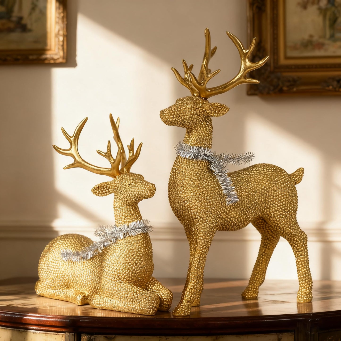 MENGYOULUN Rustic Natural Woven Seagrass Reindeer Figurines Christmas Holiday Decorations with Pine Berry Wreath Set of 2 Standing and Sitting Deer (Gold, 8.7 * 4 * 4.92inch)