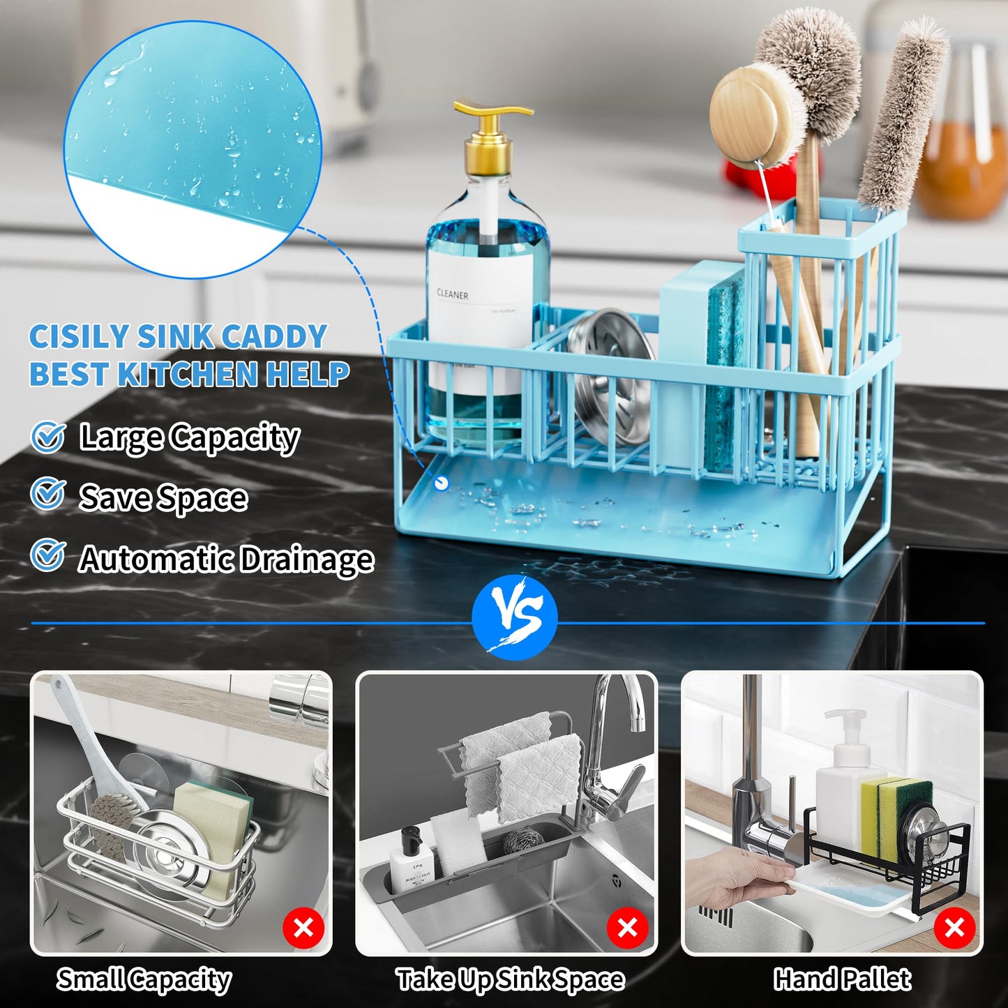 Cisily Kitchen Sink Caddy Organzier with High Brush Holder, Sponge Holder for Sink, 304 Rustproof Stainless, Kitchen Countertop Soap Dispenser Organizer, Kitchen Decor and Accessories