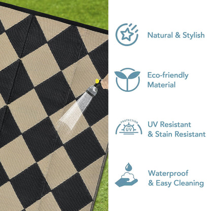 GarveeLife 10x14 Outdoor Rug for Patio Reversible, Plastic Straw Rug Waterproof Camping Rug Portable, Foldable Lightweight Mat for RV, Patio, Backyard, Deck, Picnic, Beach (Black/Offee)