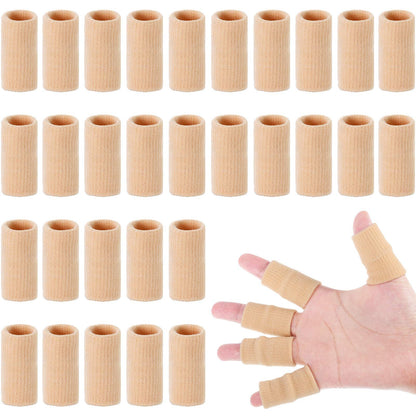 Skylety 30 Pieces Finger Sleeves with 1 Storage Bag, Thumb Splint Brace Support Protector Breathable Elastic Finger Tape for Pain Relief Arthritis Trigger Sports Basketball Baseball(Beige)