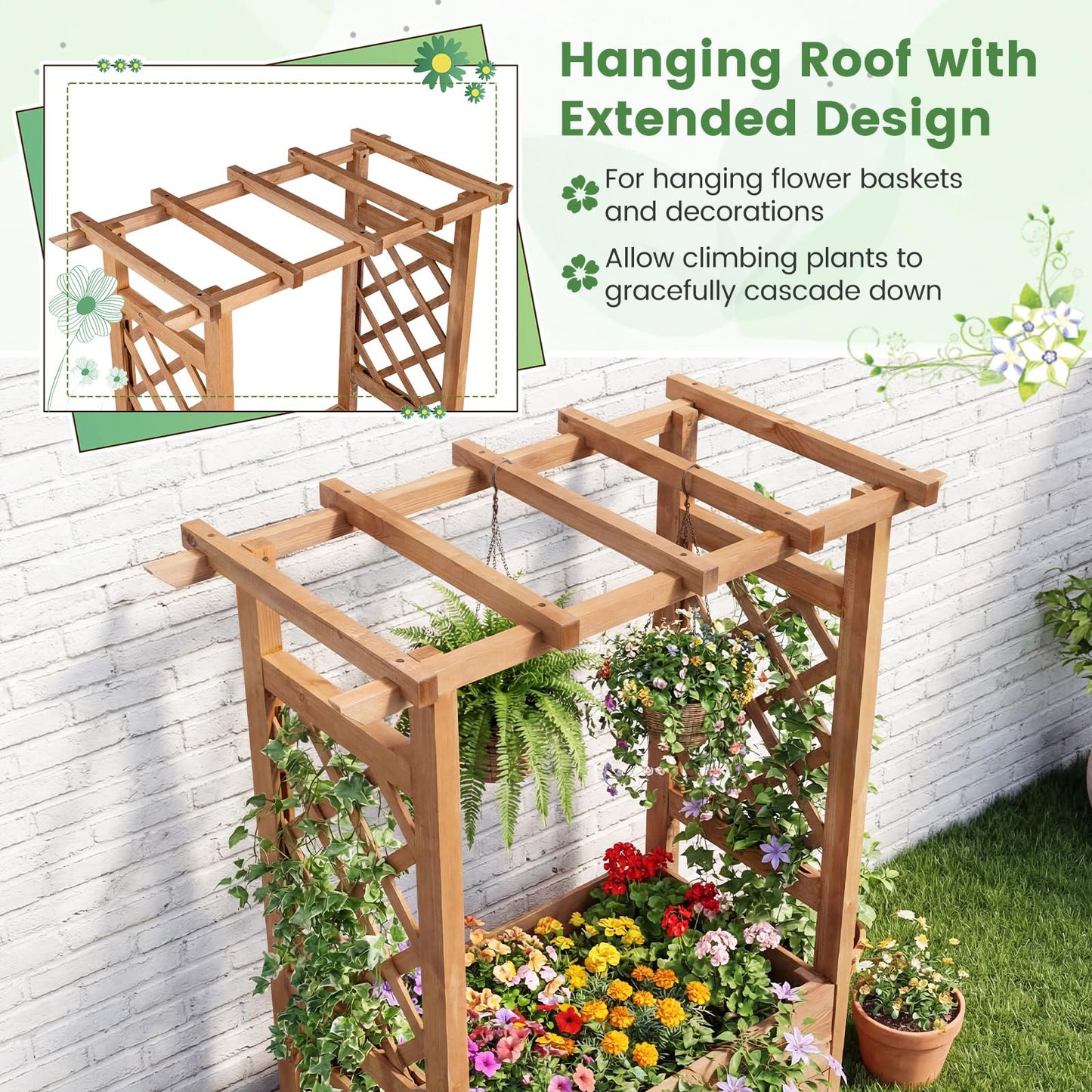 Giantex Raised Garden Bed with Sided Trellis & Roof Set 2, 31”x16”x41” Wood Elevated Planter Box, Freestanding Garden Planter Raised Bed for Flowers Herbs Climbing Vines,Brown