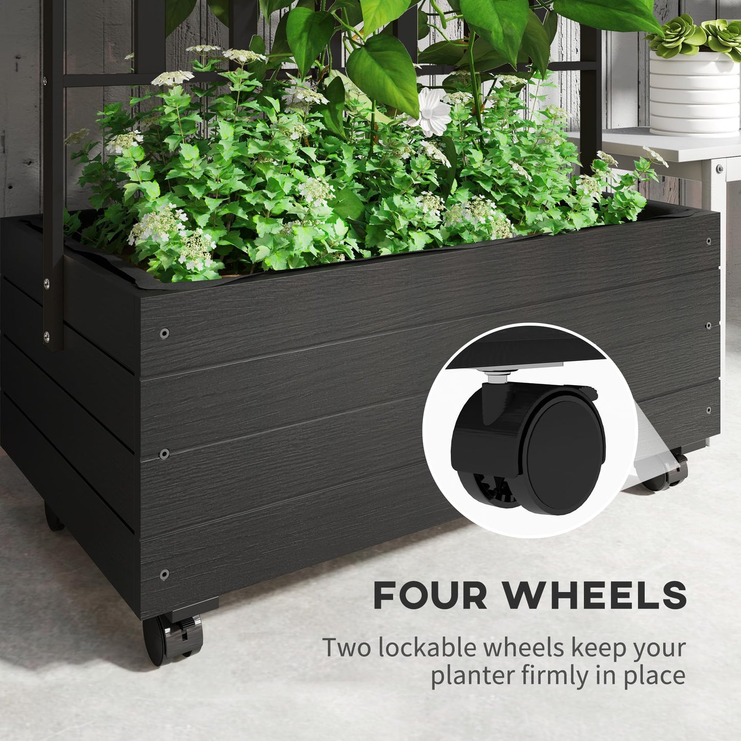 Outsunny Raised Garden Bed with Trellis and Wheels, Outdoor Wooden Elevated Planter Box, Freestanding Raised Flower Bed for Climbing Plants, Flowers, Herbs and Vegetables