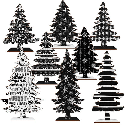 Cinrobiye 8 Pcs Christmas Table Decorations, Black White Christmas Tree Tabletop Centerpieces Farmhouse Rustic Wood Xmas Trees for Home Mantel Fireplace Winter Holiday Party Supplies Decor (Black)