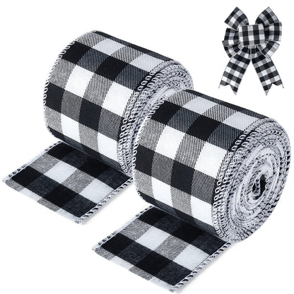19.6 Yard 2.5 inch Wide Buffalo Plaid Ribbons Wired Edges, 2 Rolls Black and White Checkered Ribbon for Christmas Tree Gift Decorations