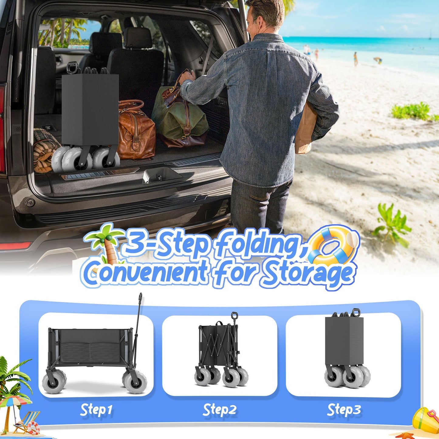 Beach Wagon with Big Wheels for Sand Heavy Duty Collapsible Wagon with 9" All Terrain Inflatable Tires, Foldable Beach Cart for Camping Outdoor Grocery Shopping Garden Sports