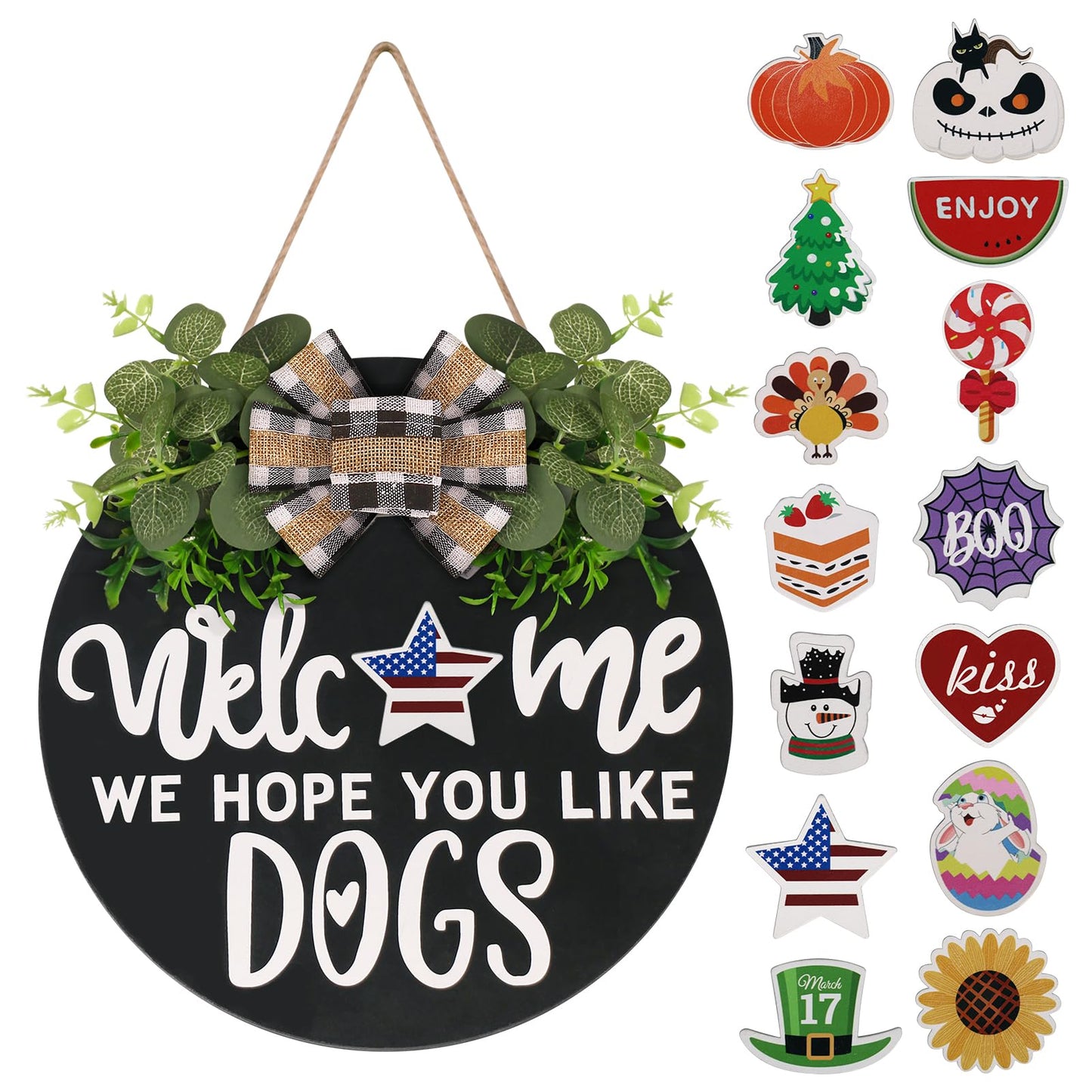Interchangeable Wooden Seasonal Welcome Sign, Rustic Round Dogs Sign Front Door Wreaths for Home/Wall/Porch Decor, for Easter Spring Summer Fall Halloween Christmas All Season Decorations