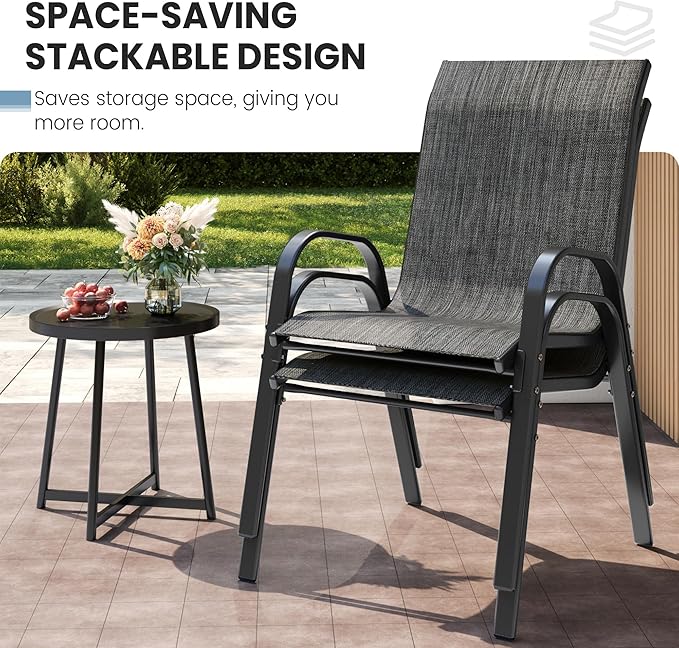 Patio Dining Chairs Set of 4, Stackable Dining Chairs High Back, Breathable Seat Fabric and Alloy Steel Frame Fit Backyard, Porch, Lawn，Poolside (Dark Grey)